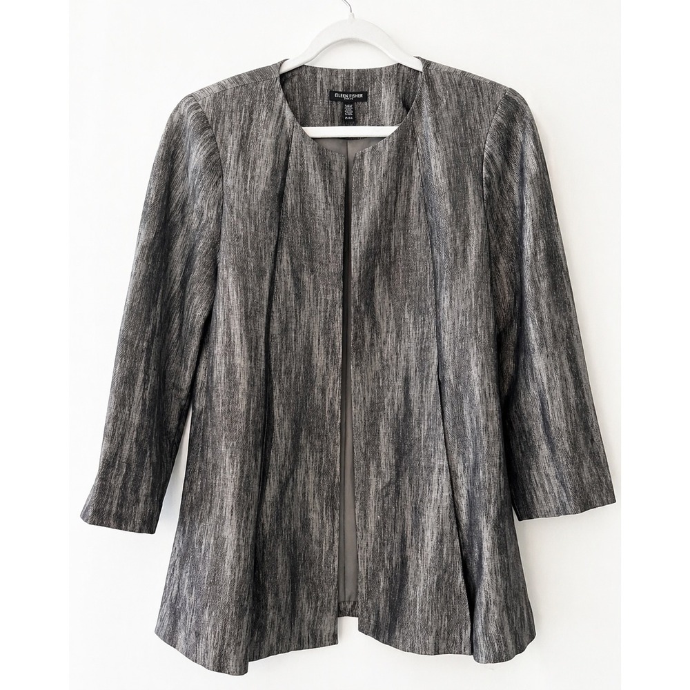 Eileen Fisher Petite Linen Silk Herringbone Shadow Jacket Open Front Gray PL